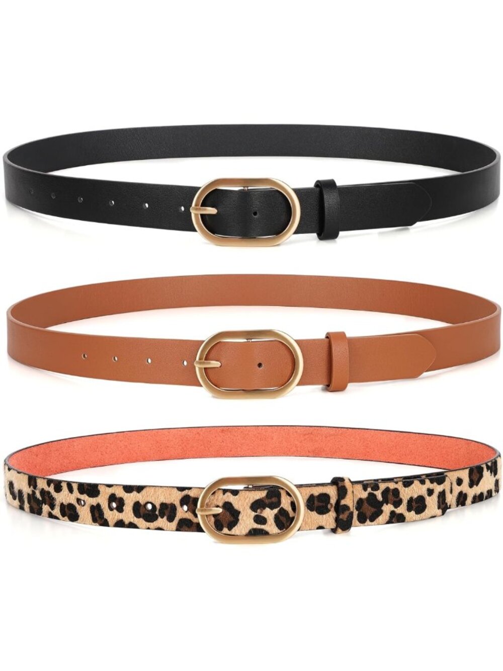 Plus Size Women's Leather Belts - 3 Pack Fashion Waist Belts with Gold Buckle
